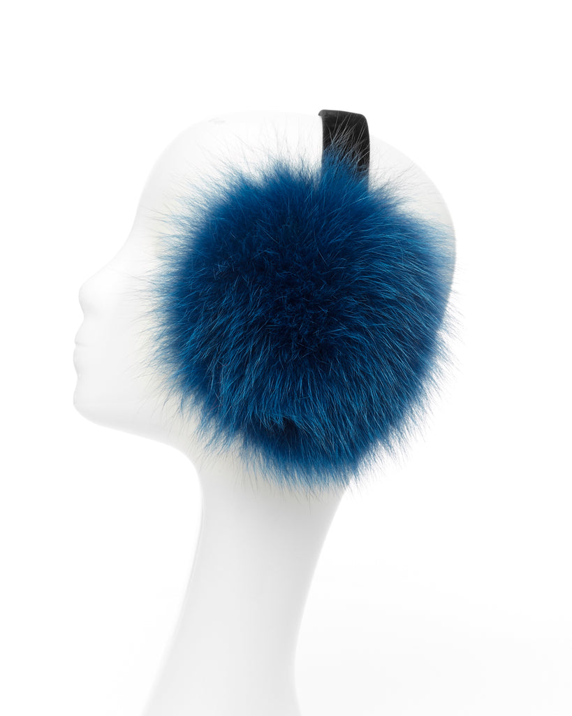 Teal Fox Fur earmuffs winter accessory with side  view close up of color and fur