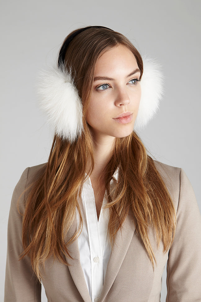 white fox fur earmuffs with velvet headband