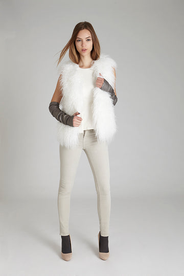 White Mongolian Tibet Lamb Fur Vest with leather gloves