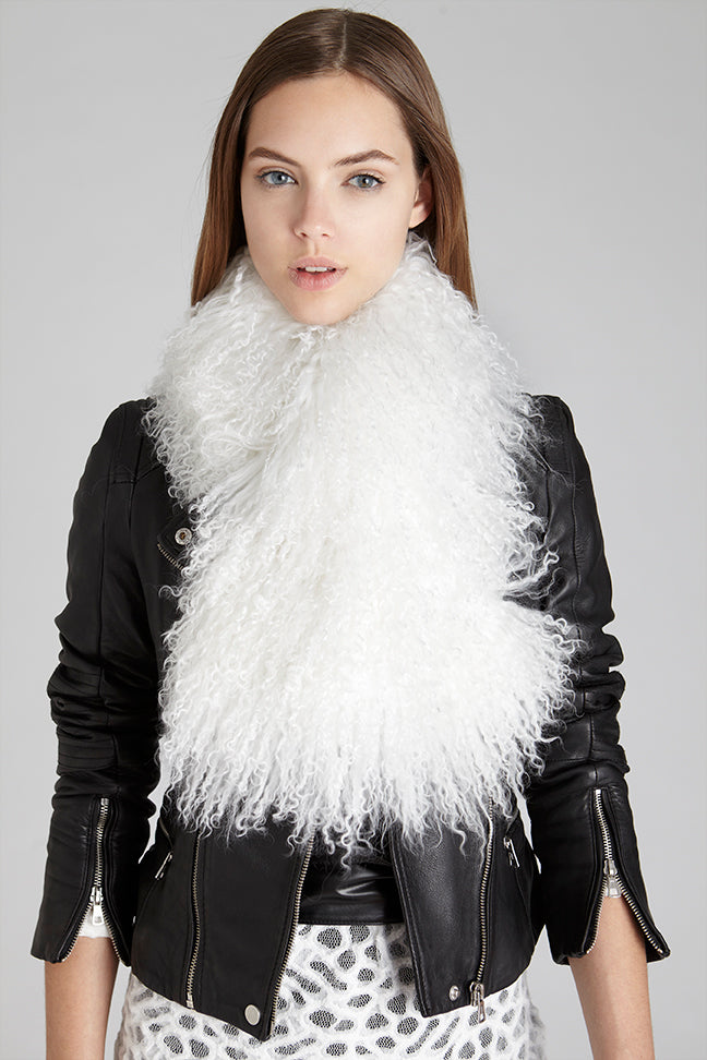 White Mongolian tibet lamb fur oversized collar winter accessory worn over leather jacket